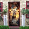 1/2pc Ocean Wall Mural Door Sticker - Removable Self-Adhesive PVC Door Sticker with Sunset and Sailing Scene, Cartoon Theme Home Decor