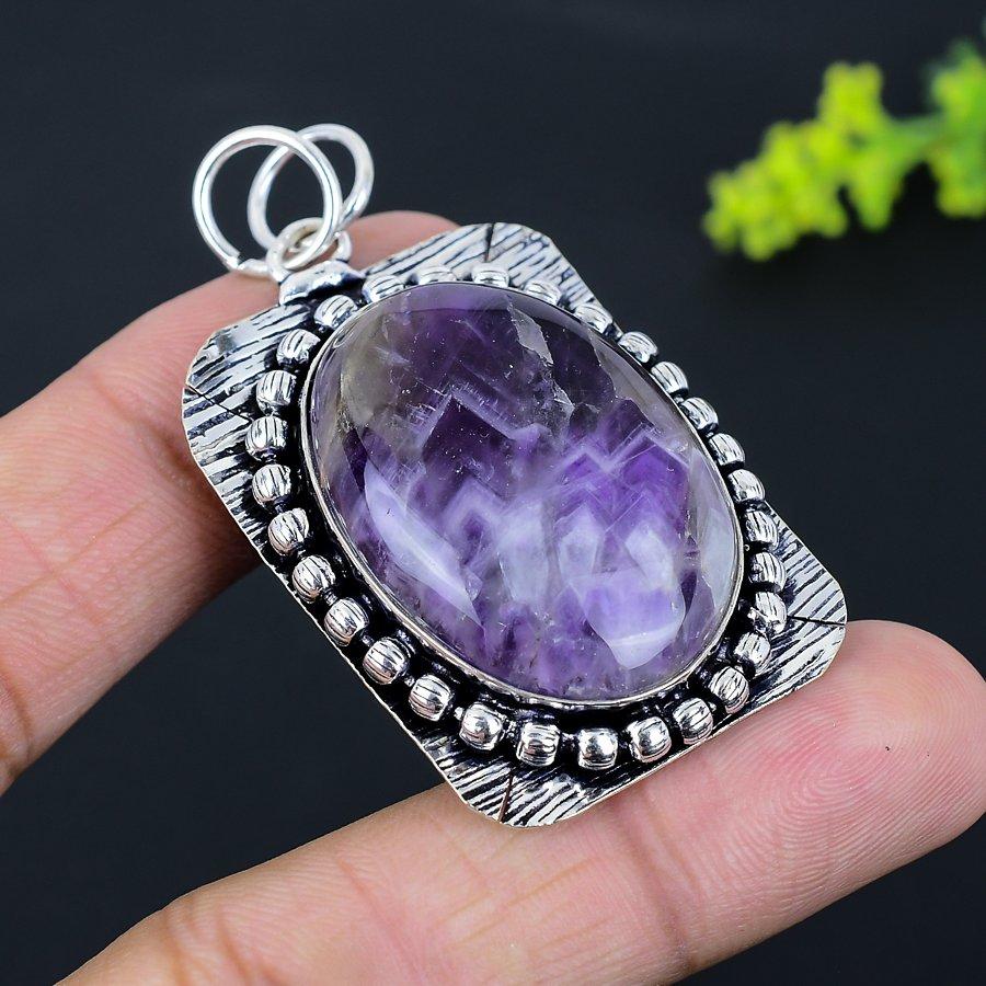 Chevron Amethyst Gemstone Handmade 925 Sterling Silver Pendant 2.36" C5C05