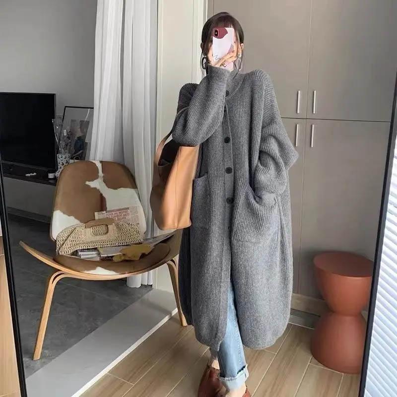 Свитера Пальто Кардиган для Женщин Осень Зима Большой Размер Винтажный Свободный Высокая Горловина Длинный Рукав Вязаный Длинный Свитер Куртка