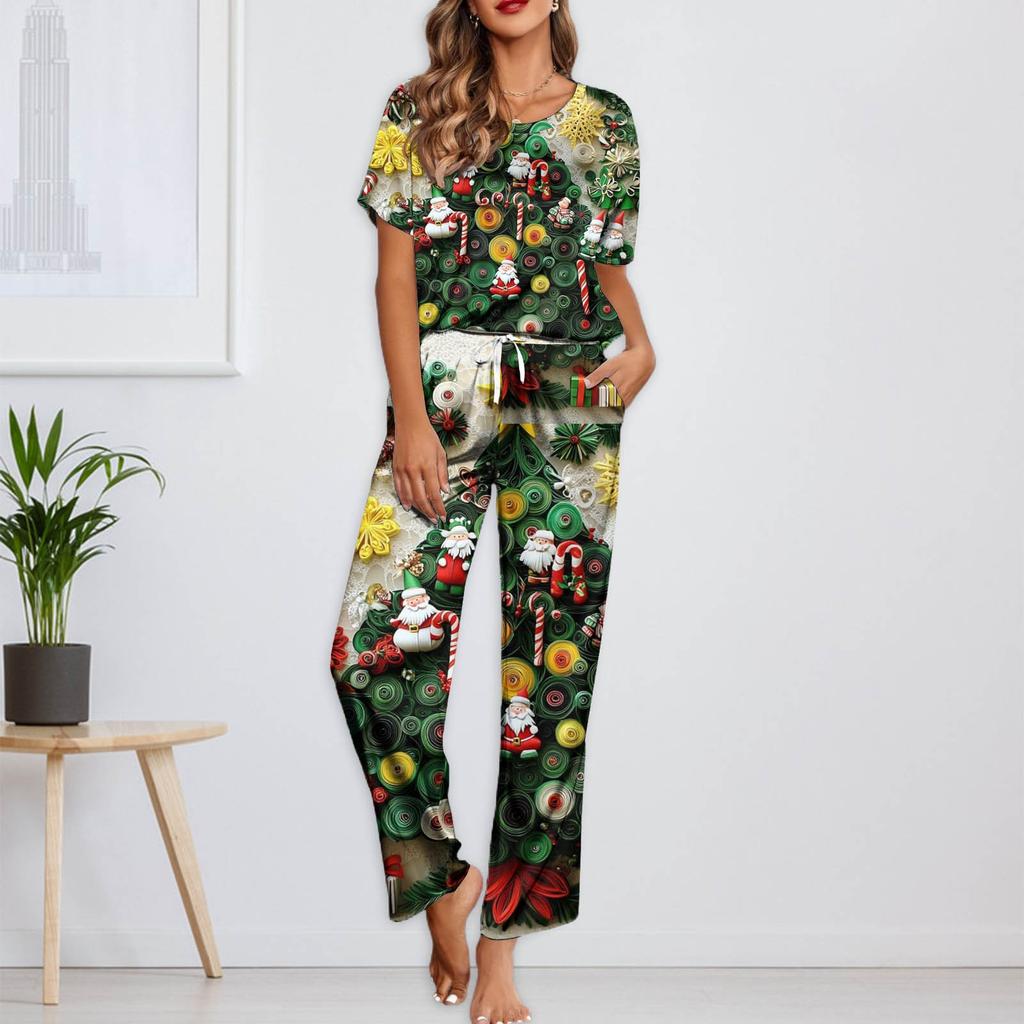Женский шелковый атласный пижамный комплект с рождественским принтом, рубашка с коротким рукавом и длинные пижамные штаны, мягкая домашняя одежда