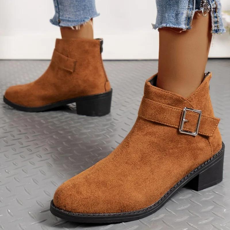 Women's Shoes Belt Buckle Women's Boots Fashionable Back Zipper Modern Boots Women's Sexy Pointed Toe Square Heel Ankle Boots