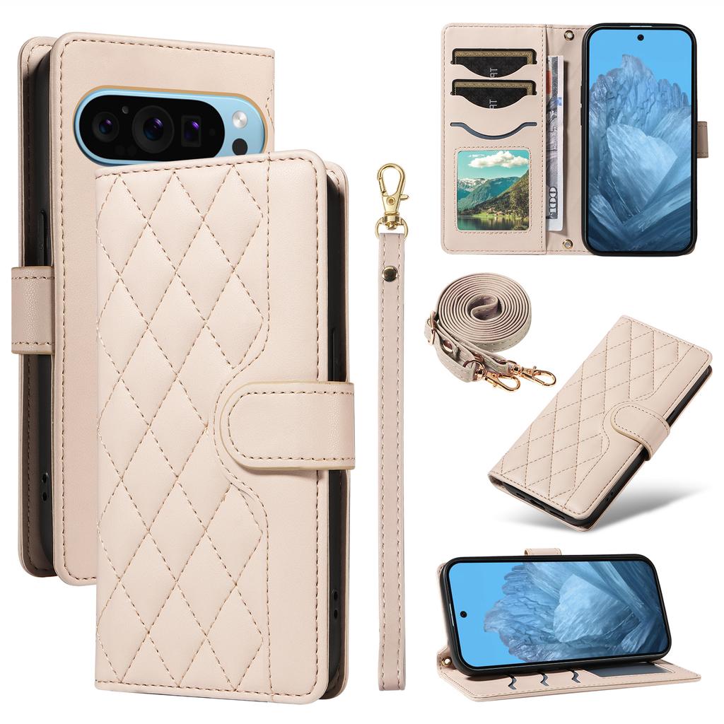 Для Google Pixel 10 Pro/10/9 Pro/9 Чехол Кошелек Ромбовидный Кожаный Чехол для Телефона с Плечевым Ремешком, Ремешком на Запястье