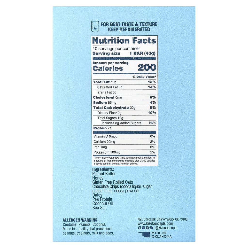 KiZE Life Changing Bar, Oatmeal Chocolate Chip, 10 Bars, 43g (1.5oz) Each