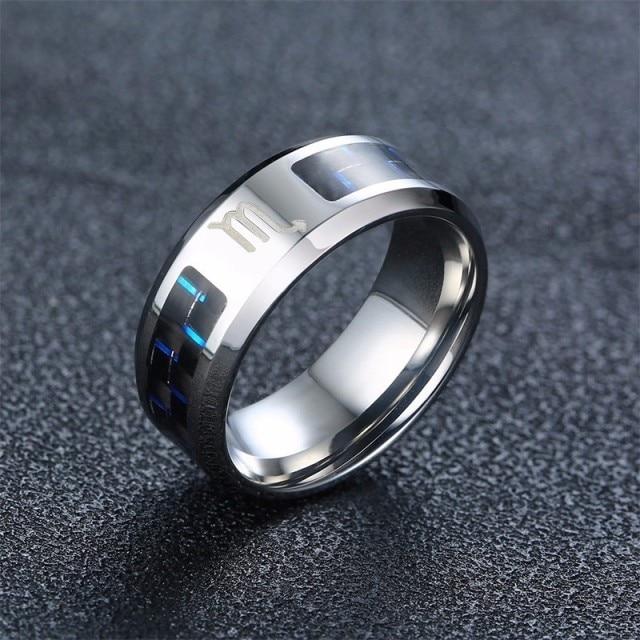 Vnox Mens Vintage Zodiac 12 Constellations Ring Stainless Steel With Blue Carbon Fiber Horoscope Male Astrology Anel Alliance