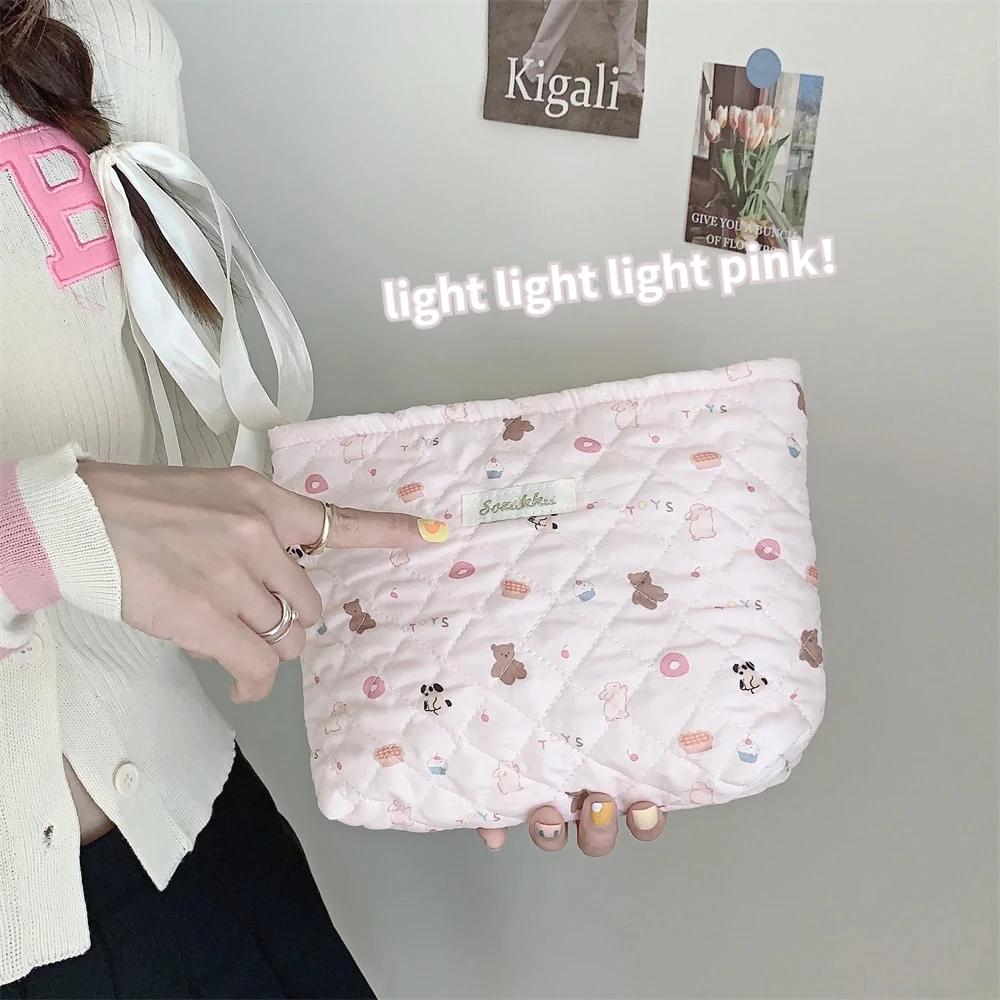 Cute Pink Women's Cosmetic Bag Make Up Case Quilted Cotton Travel Storage Bags Portable Wash Bag Clutch Purse Handbags Mommy Bag