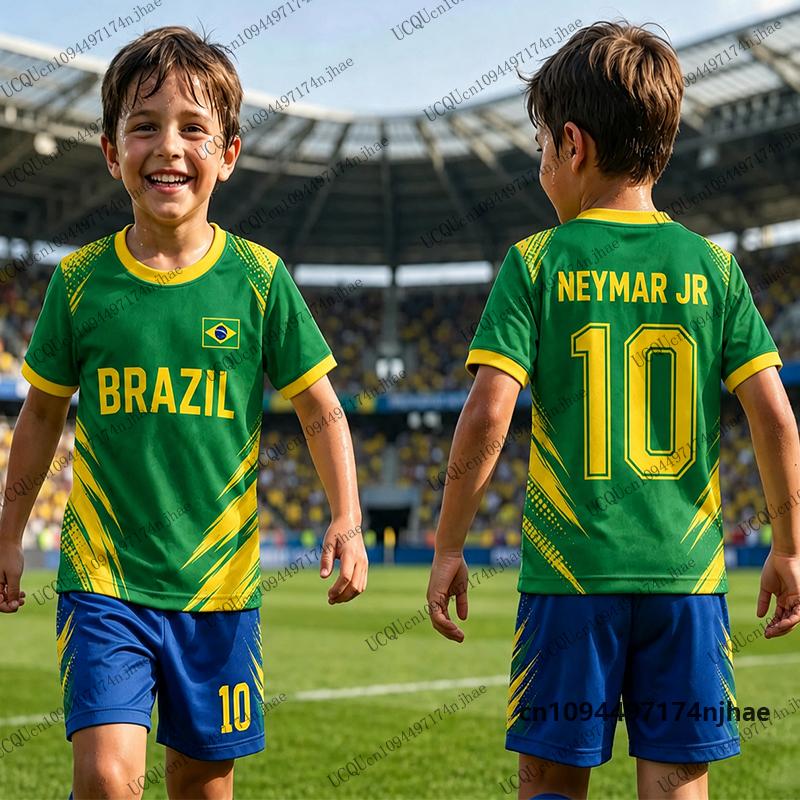 Детский спортивный костюм Футболка с принтом Neymar #10 + Комплект шорт Костюм для фанатов Бразилии Спортивные комплекты для детей/взрослых 2 предмета