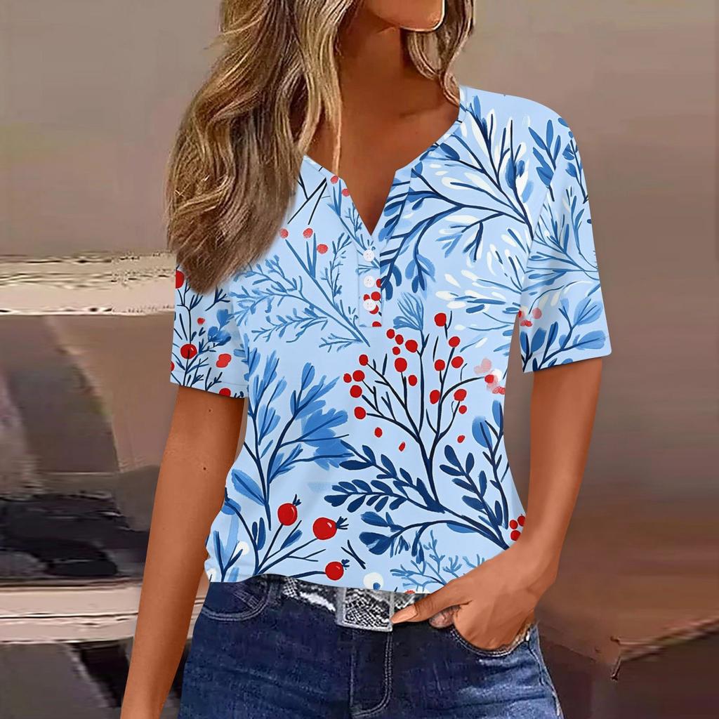Женская мода повседневная винтажная цветочная печать V-образный вырез короткий рукав декоративная пуговица футболка топы