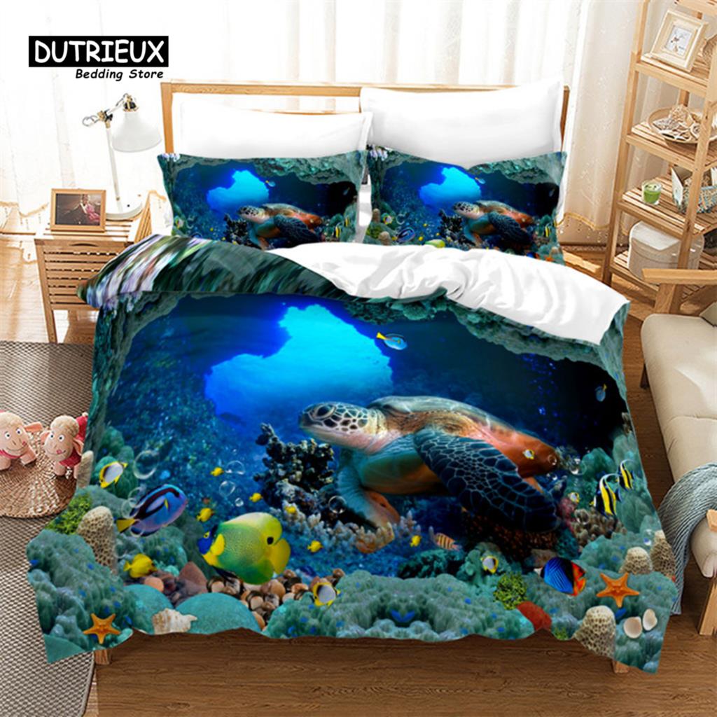 Fish Sea Turtle Duvet Cover Jellyfish Seashell Starfish Bedding Set Microfiber Marine Theme Quilt Cover Twin Full For Kids Adult