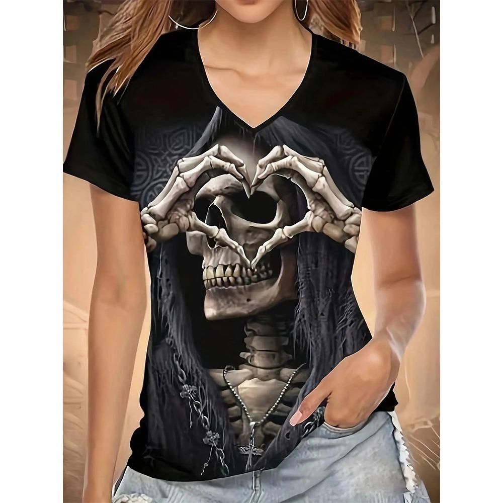 Chic Skull Black T-shirt Women's V Neck Short Sleeve Summer Casual Print T-shirt Pullover