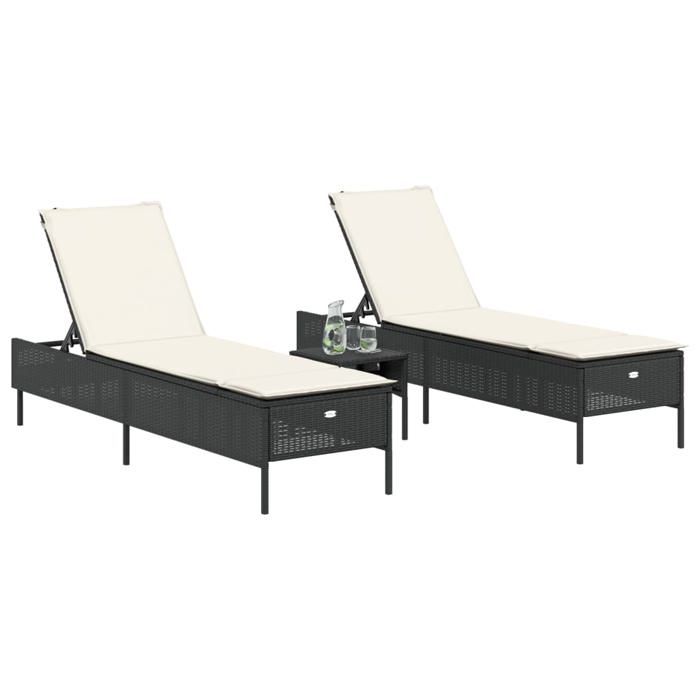 VidaXL Chaises longues avec coussins lot de 2 noir résine tressée 3261587