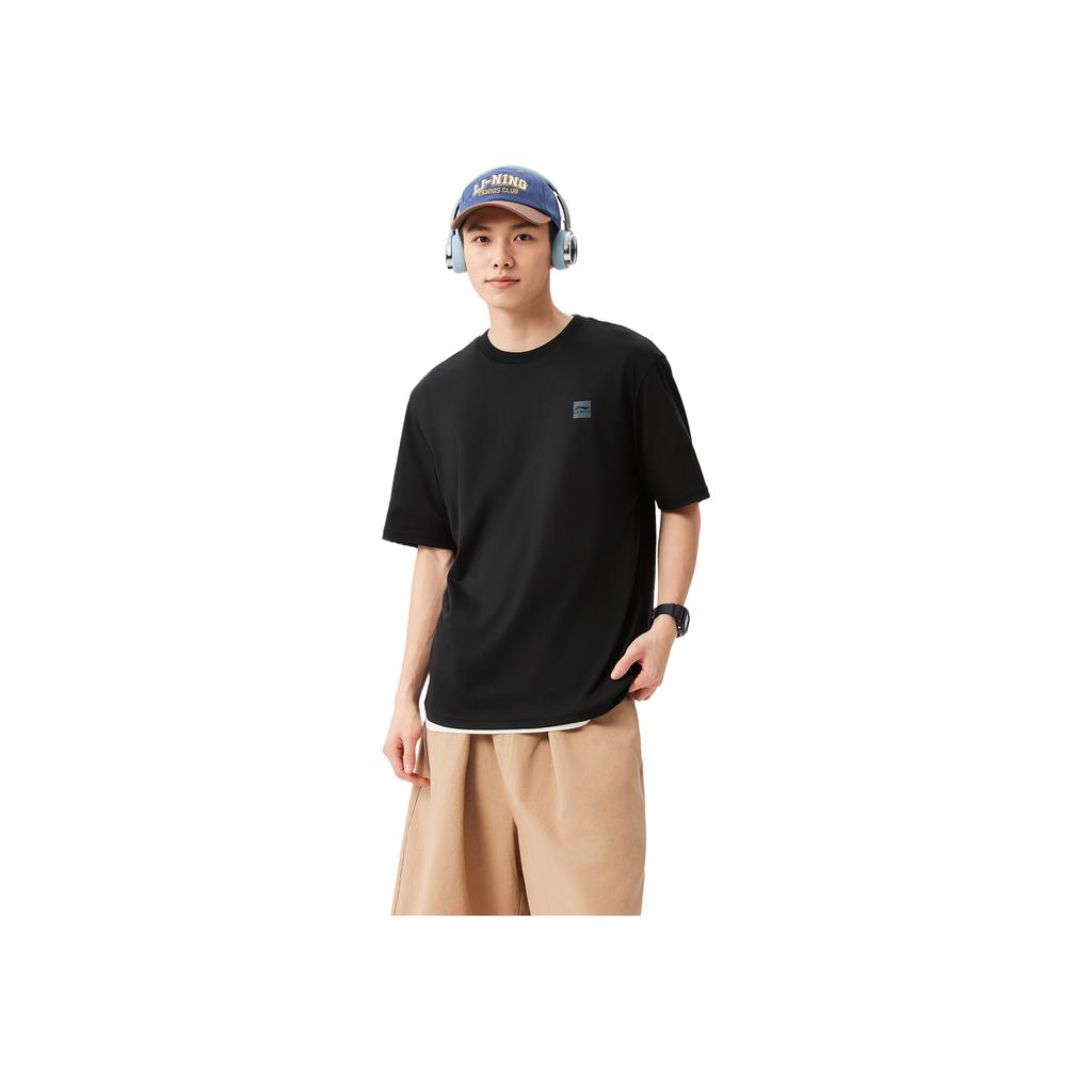 Li Ning Sports Lifestyle Series Однотонная дышащая универсальная футболка с коротким рукавом свободного кроя Унисекс Топы Черный AHSVB91-2