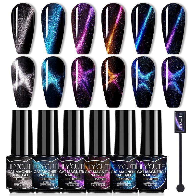 LILY'CUTE Colorful Cat Eye Gel Polish Set 7-Color Laser Flash Diamond Cat Eye Nail Gel Kit