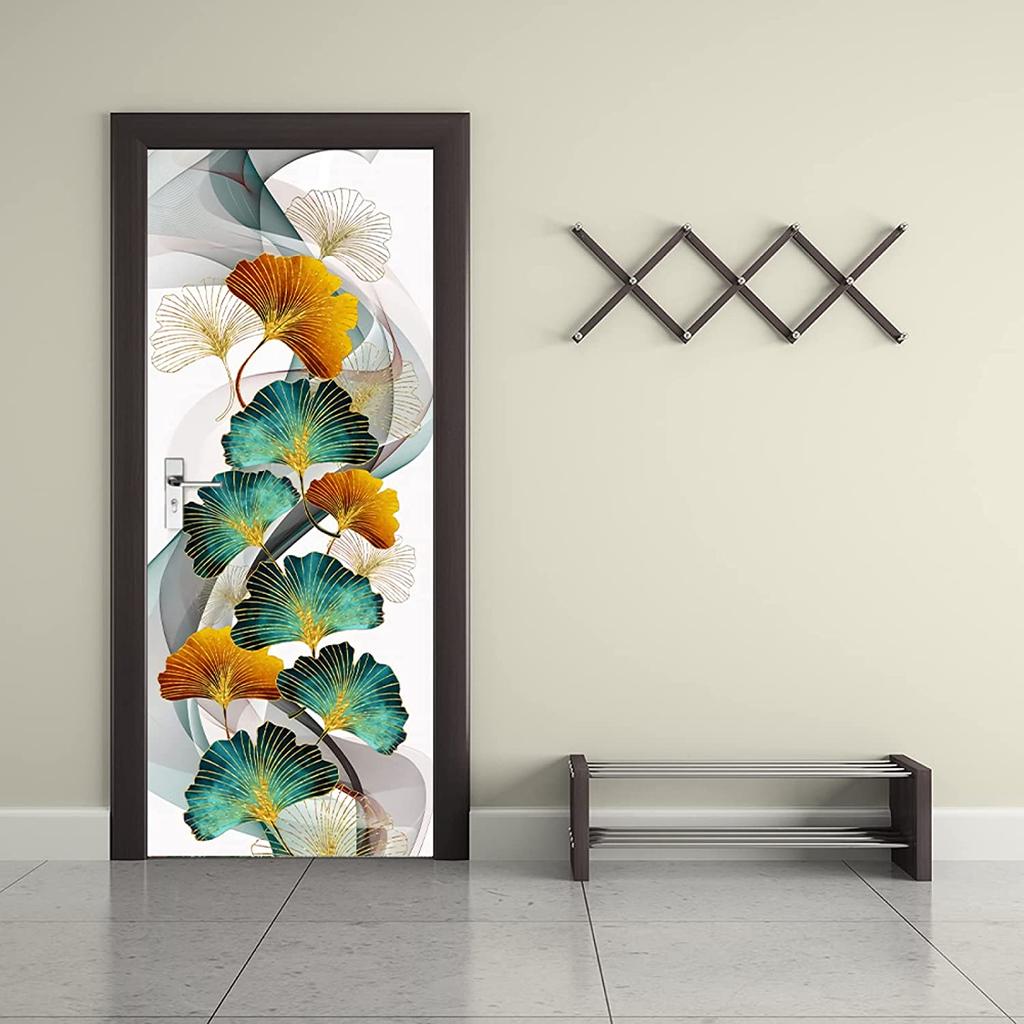 3D красочные наклейки на дверь гинкго билоба, настенная роспись гостиной, спальни, обои на дверь, наклейки на стену, самоклеящиеся, водонепроницаемый декор