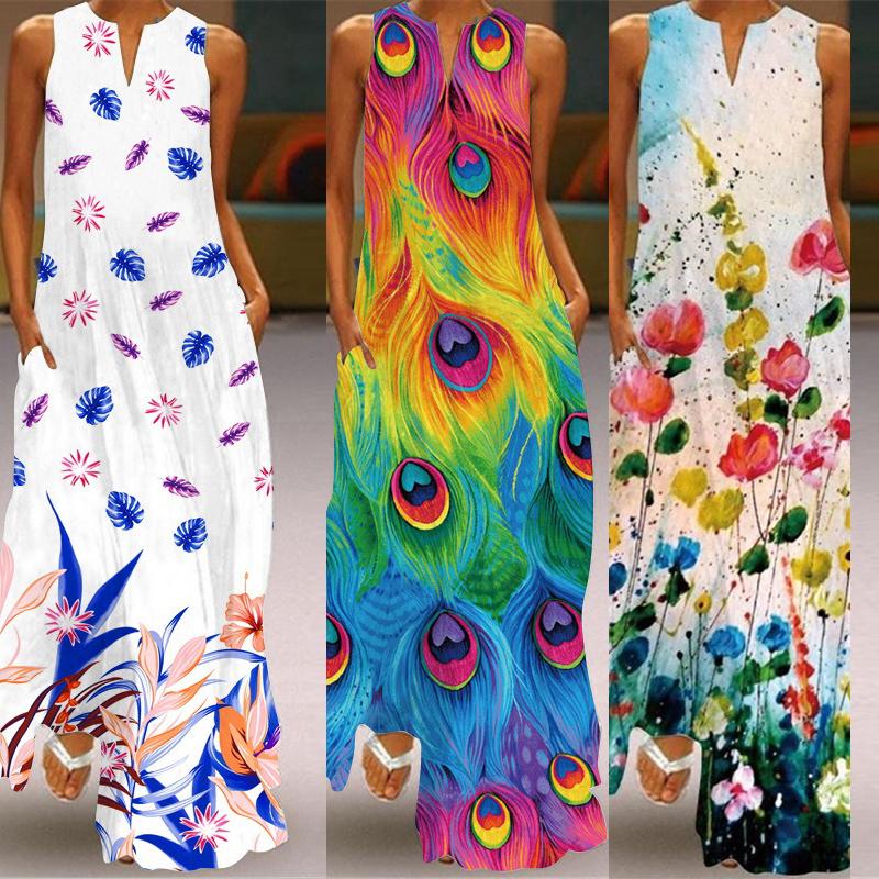 Women's 3D Printed Dresses Summer Boho Sleeveless V-Neck Long Dress Ladies Casual Loose Beach Party Maxi Dresses