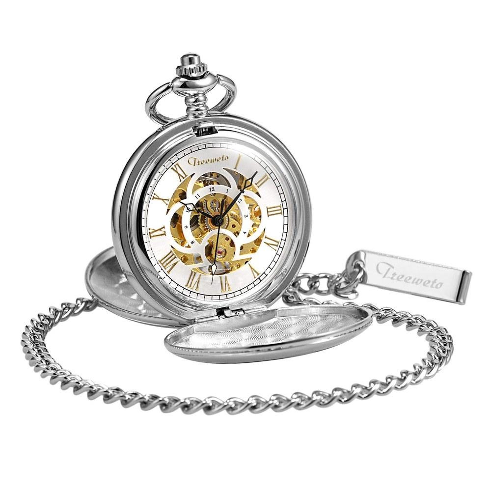 TREEWETO Mechanical Pocket Watch Antique Gold Skeleton Dial Roman Numerals Silver Double Hunter Chain Cover