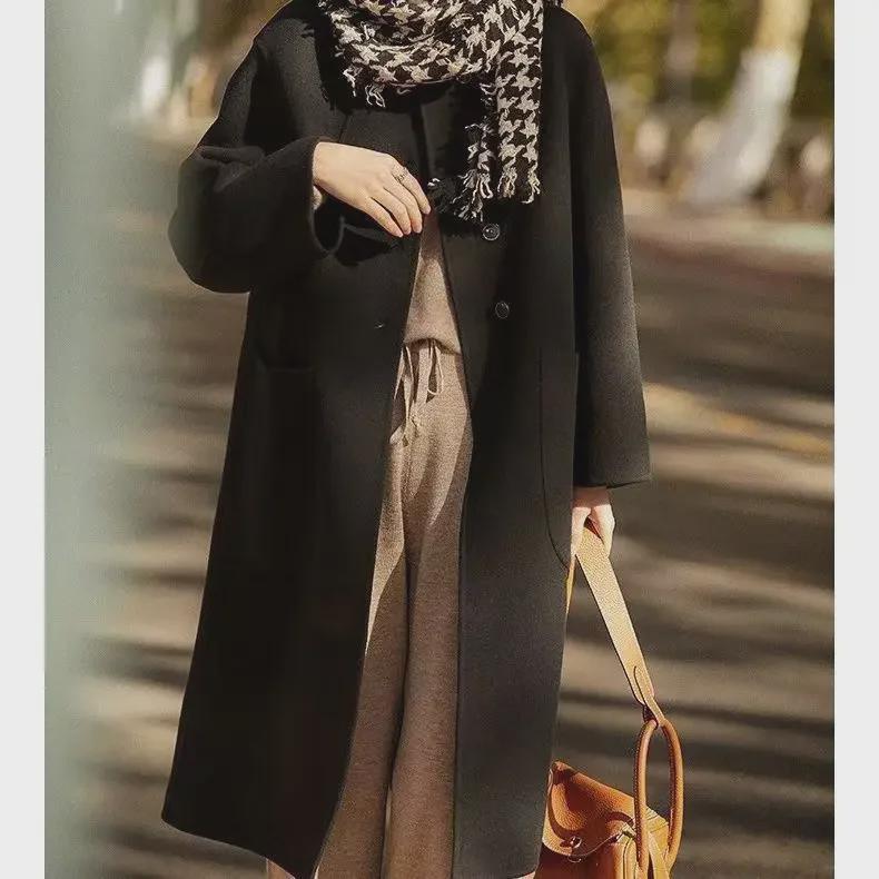 Женское шерстяное пальто тети 2024 в корейском стиле - Осень и Зима, средней длины, ниже колена, модного свободного кроя