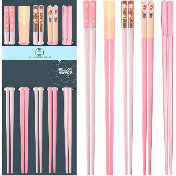Chopsticks Reble Dishwasher Safe, 9.57 inches Pink Non-slip Lightweight Fiberglass Chop Sticks, Asian Cuisine Japanese Chinese Chopstick Gift Set, 5