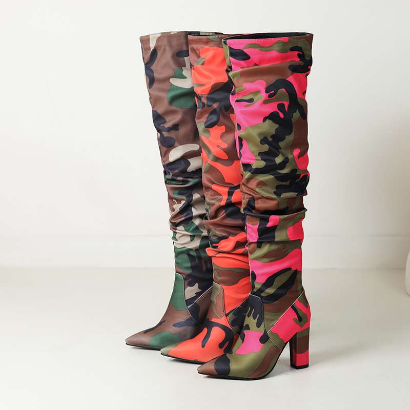 lenkisen Ткань с камуфляжным узором, осенне-зимняя обувь, супертонкие высокие каблуки, плиссированные ботинки, европейские теплые сапоги выше колена