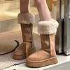 Женские сапоги на плоской подошве с мехом и высокими коленями, модные замшевые туфли до середины голени из плюша и хлопка, женские модные удобные нескользящие ботинки Mujer