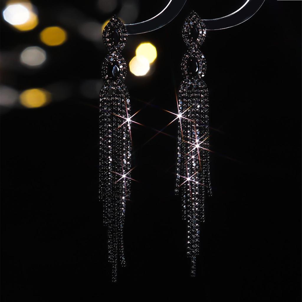 DINGKA Черные Электрофорезные Серьги с Длинной Кисточкой и Блестящими Бриллиантовыми Пуссетами