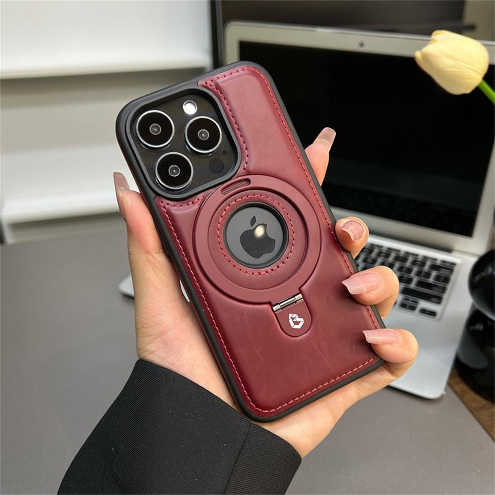 Роскошный магнитный чехол-подставка из искусственной кожи для iPhone 16 15 14 13 12 Pro Max Magsafe Wireless Charging Hollow Logo Cover