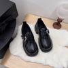 Лоферы женские 2025 весна новые толстый каблук толстая подошва увеличивающие рост маленькие черные с большой головой удобные универсальные повседневные туфли