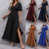 Women’s Black V-Neck Flared Sleeve Maxi Dress with Side Slit, Elegant Evening Gown, Formal Party Dress