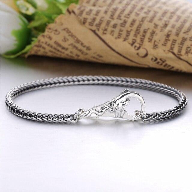 Настоящее серебро 925 пробы, серый браслет в винтажном стиле для унисекс, европейские популярные ювелирные изделия DIY, браслет с пряжкой сливового цвета