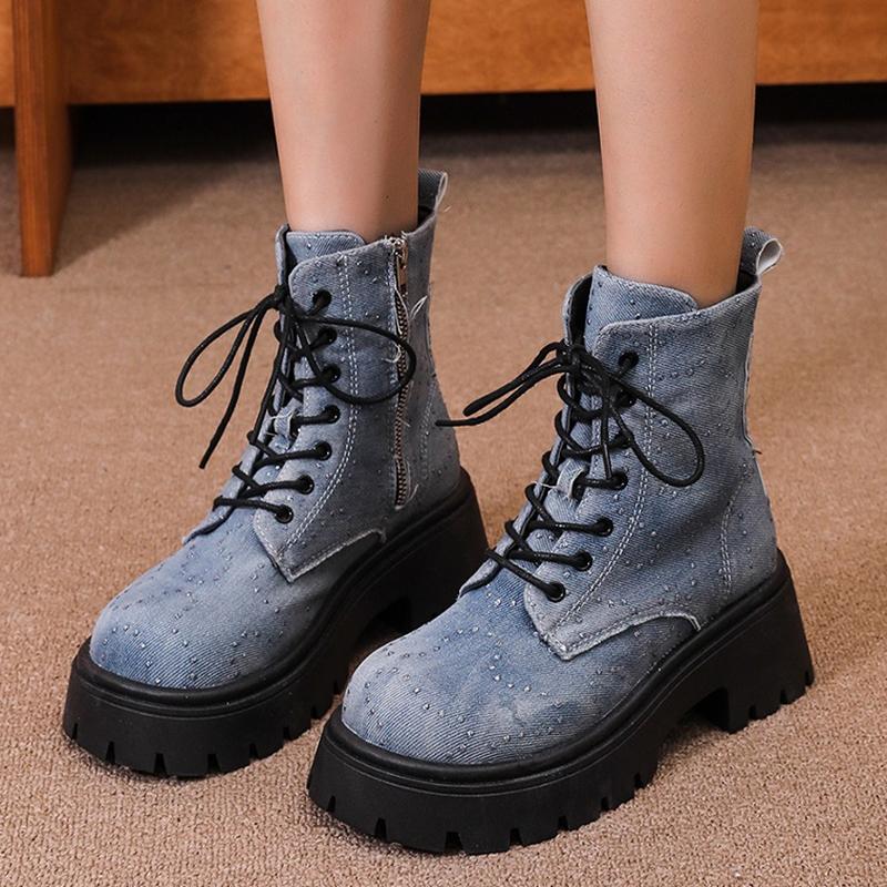 Мода Модные Платформа Джинсовые Ботильоны Женские Кристалл Толстый Каблук Короткие Сапоги Женские Толстые Ботинки Мотоциклетные Ботинки Нескользящие Женские