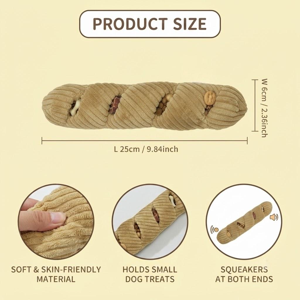Baguette Shape Dog Snuffle Toy Squeaky Plush Treat Dispenser IQ Foraging Enrichment Reduce Boredom for Small Medium Dogs