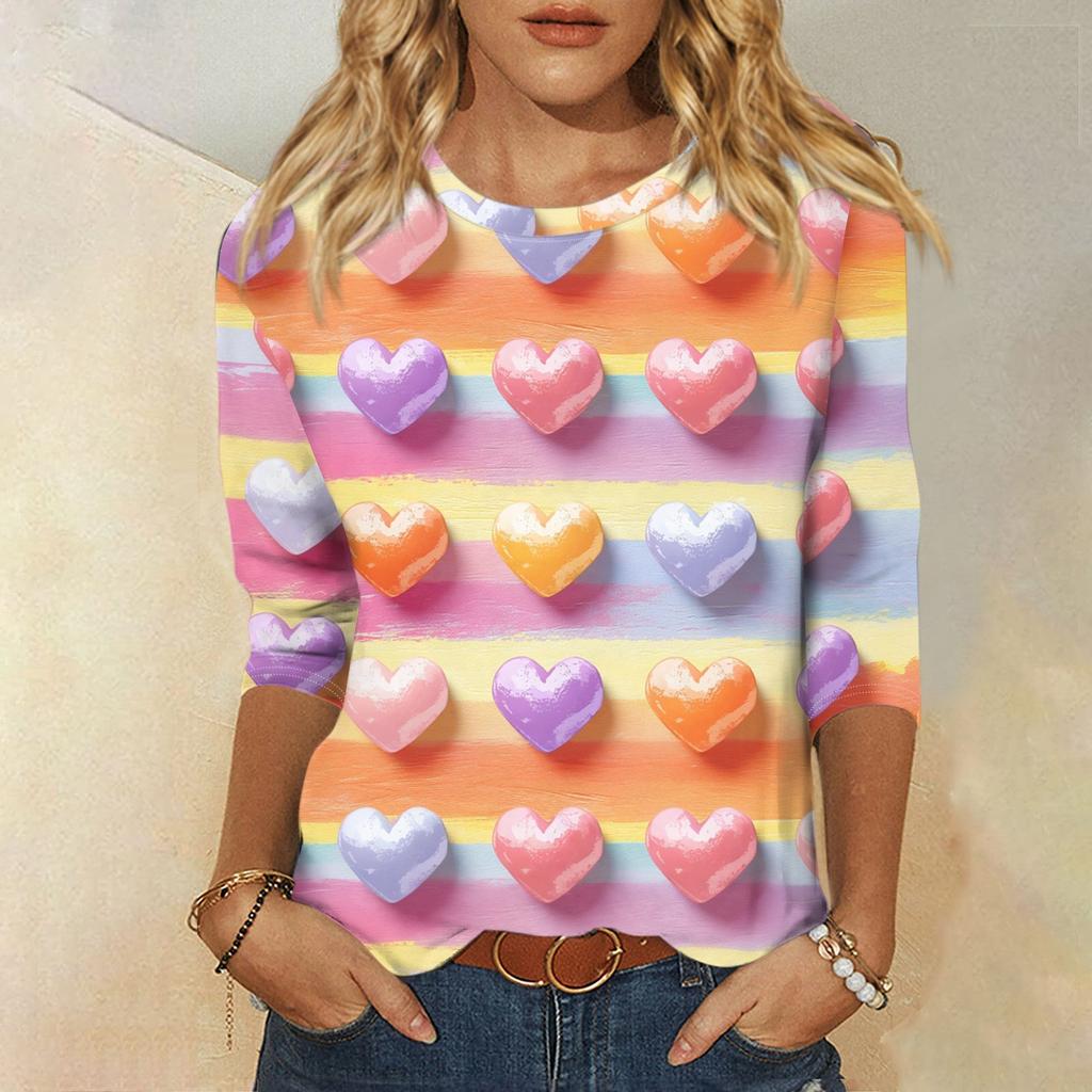 Женская мода, повседневная свободная футболка с принтом на День святого Валентина и круглым вырезом, рукав 3/4, женский топ
