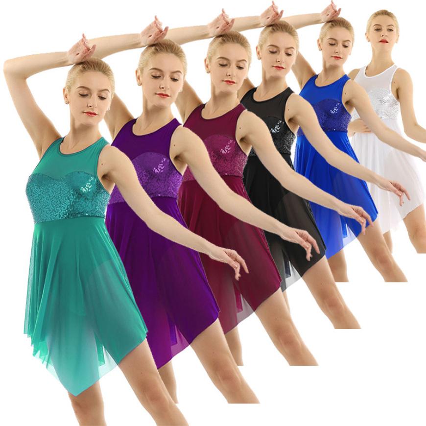 Женское танцевальное платье без рукавов с блестящими блестками, платье-трико для фигурного катания, художественной гимнастики, лирического балета, танца