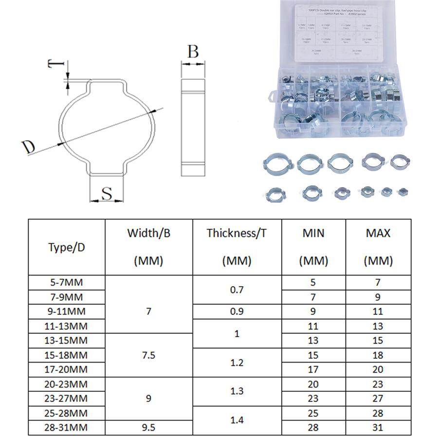 100 × Хомуты двойные ушные Вода Топливо Воздух Зажимы для 5-31 мм Оцинкованный Ассортиментный Ящик с Инструментом-Клещами