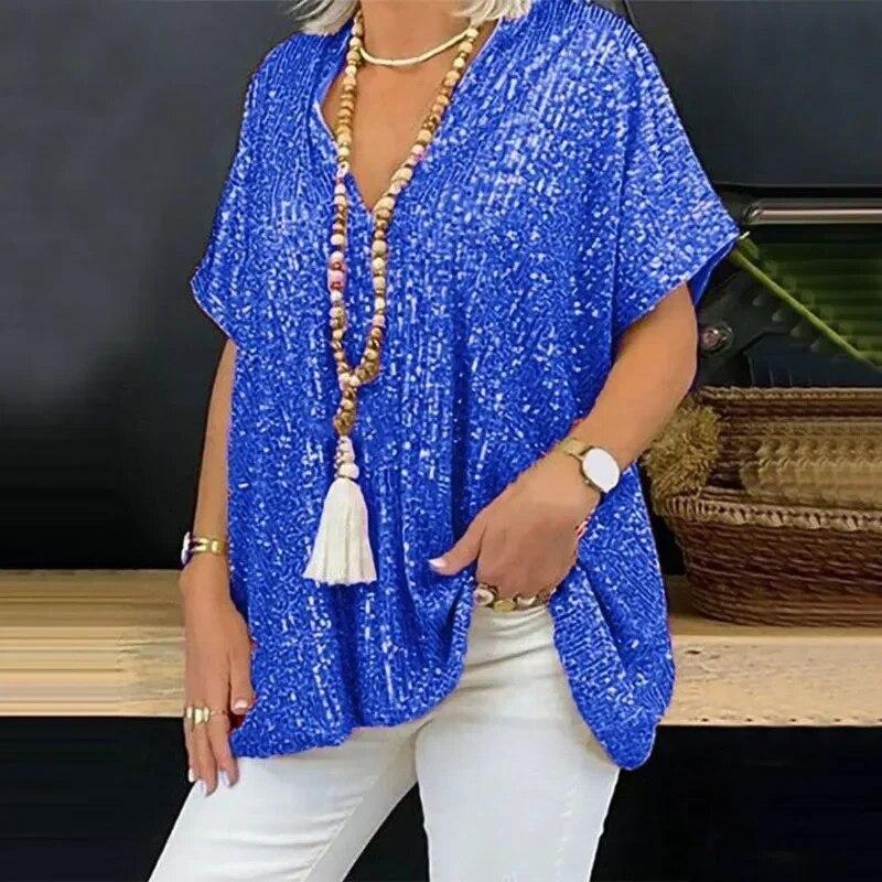 Fashion Sequins V-neck Women Blouse Solid Color Mid Length Shirt Summer Short Sleeve Blouse Women Tops Casual Loose Clothes 30468