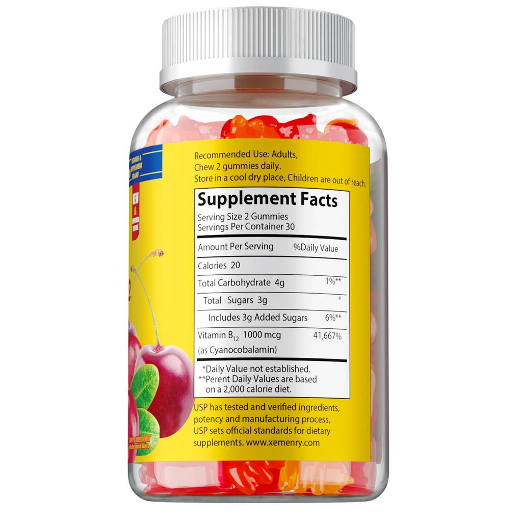 Vitamin B12 gummies, rich in vitamin B12 extract, each serving contains 1000 micrograms, suitable for adults.