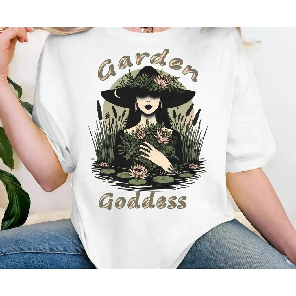 Garden Goddess T Shirt Floral Witch Illustration Plant Lover vintage Washed Versatile streetwear graphic Breathable Unisex