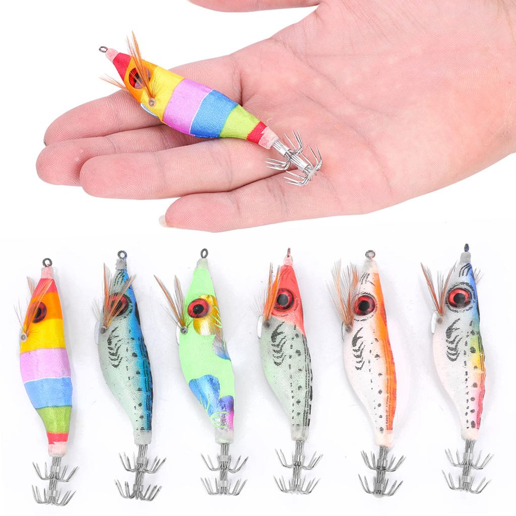 6PCS 10cm Hard Fishing Lure Artificial Wood Shrimp Bait with Octopus Cuttlefish Squid Hooks