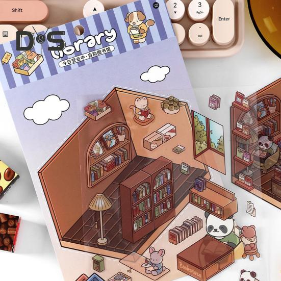 4 Set 3D DIY House Scene Stickers Stress Relief Decals Supermarket Coffee Shop Bookstore Sun Room Library Tear-resistant Surface Stickers