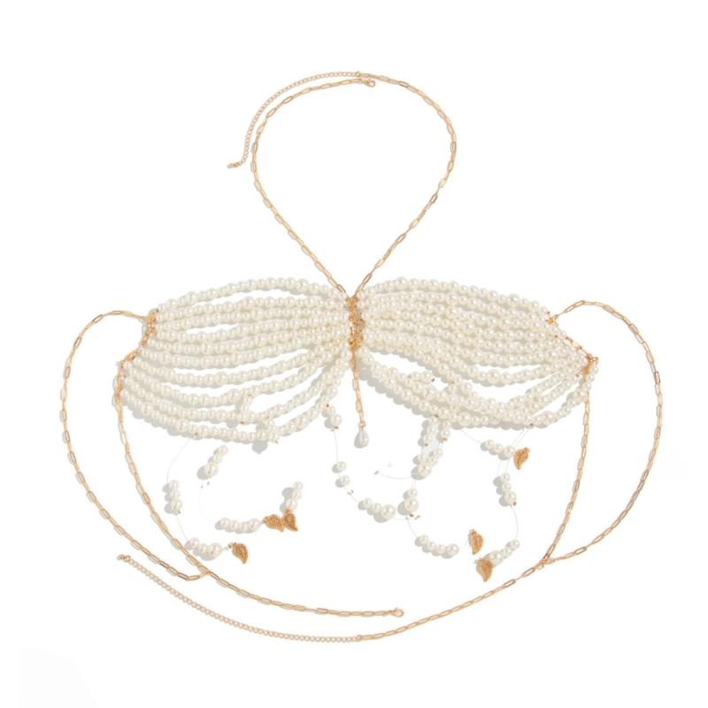 Unique Designs Elegant Pearls Body Jewelry Bra Chain Soft Fabric Decorative Accessory for Bolds Fashionable Statement