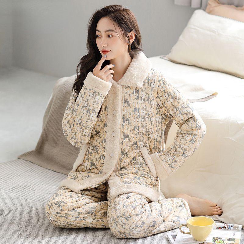 Куртка Пижама Женская Зимняя Трехслойная Теплая Плюшевая Утолщенная Домашняя Одежда Повседневная Для Молодежи Среднего Возраста Комплект Пижамы