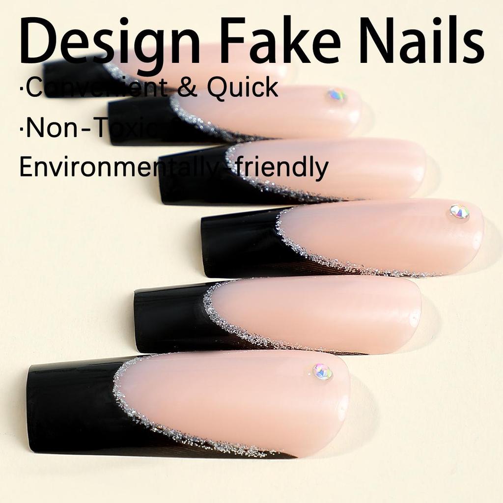 Носимые накладные ногти во французском стиле с блестками-стразами, съемное крепление