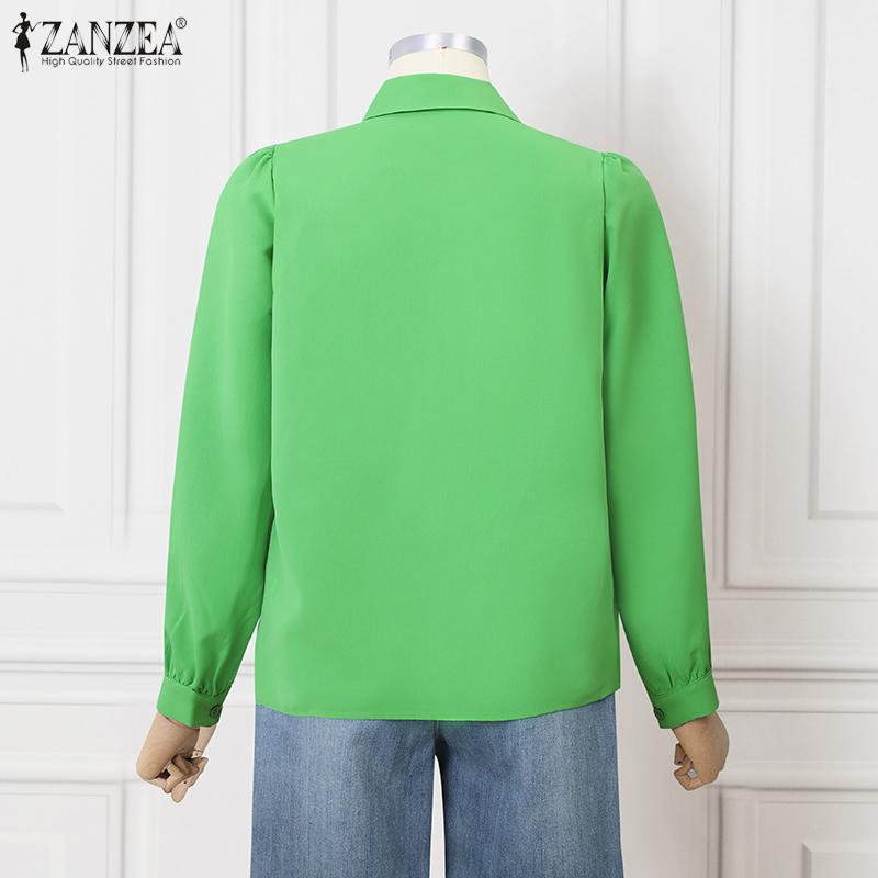 ZANZEA Женская повседневная однотонная рубашка с длинным рукавом и оборками