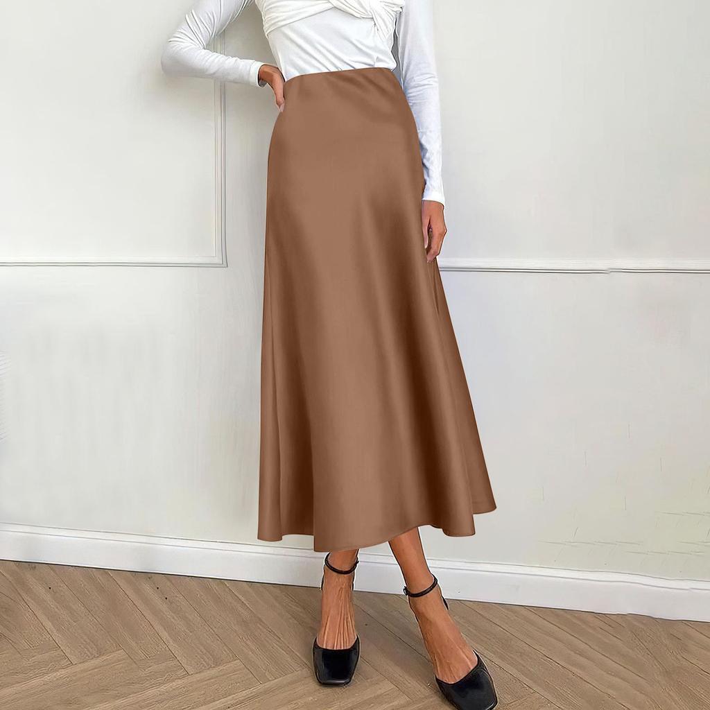 Women's Midi Satin Skirt Dressy Casual High Waisted A Line Flowy Ruffle Elegant Party Skirts