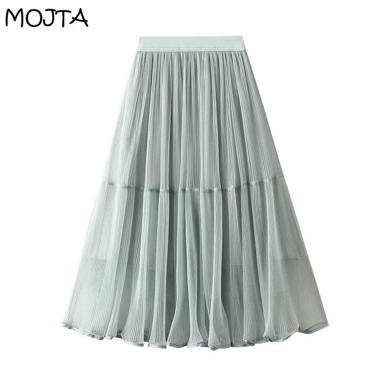 MOJTA Summer Women's High Waist Mid-length A-line Skirt Thin Pleated Mesh Skirt