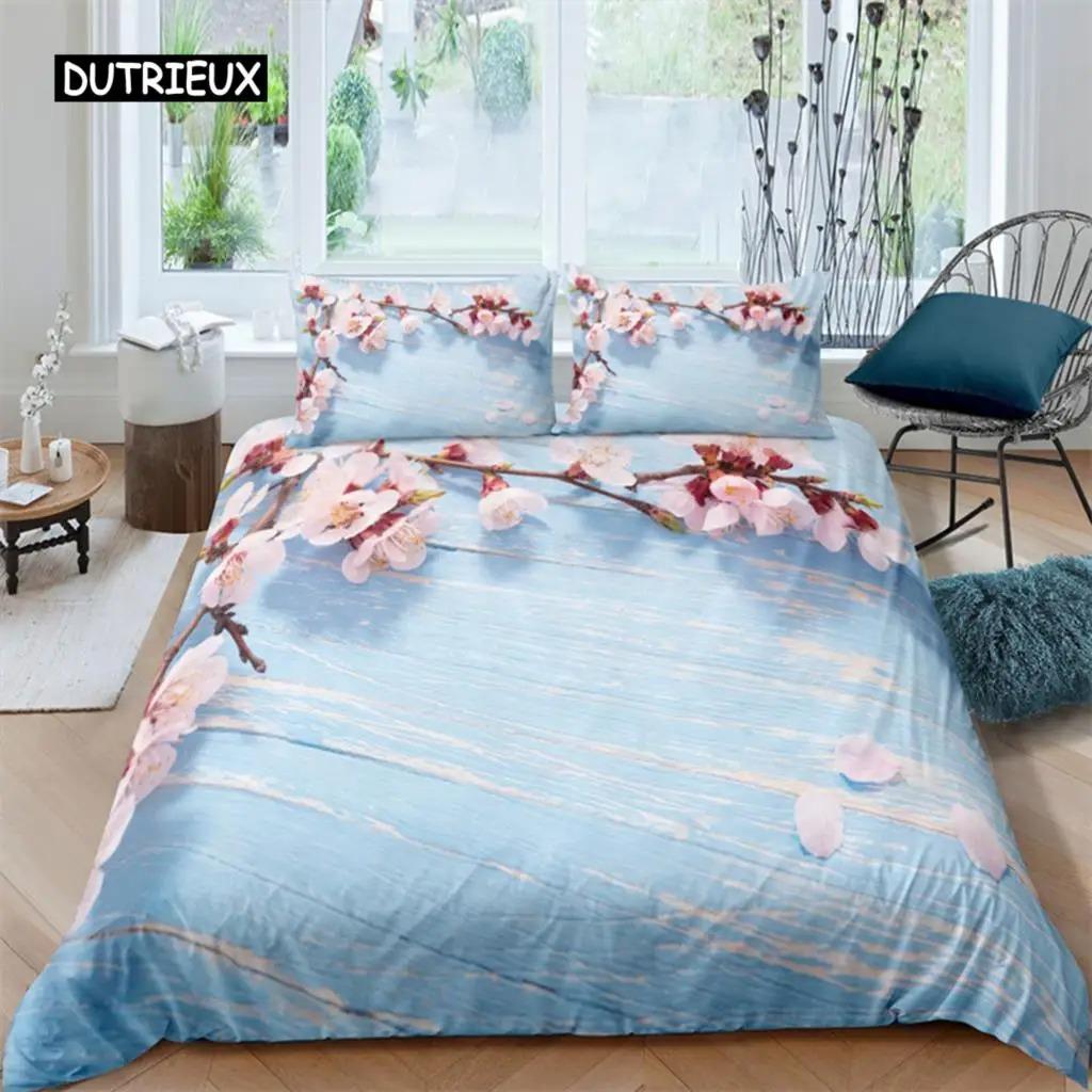 Plum Blossom Duvet Cover Collection King Pink Flower Quilt Cover For Girls Microfiber Branches Printed Bedding Collection