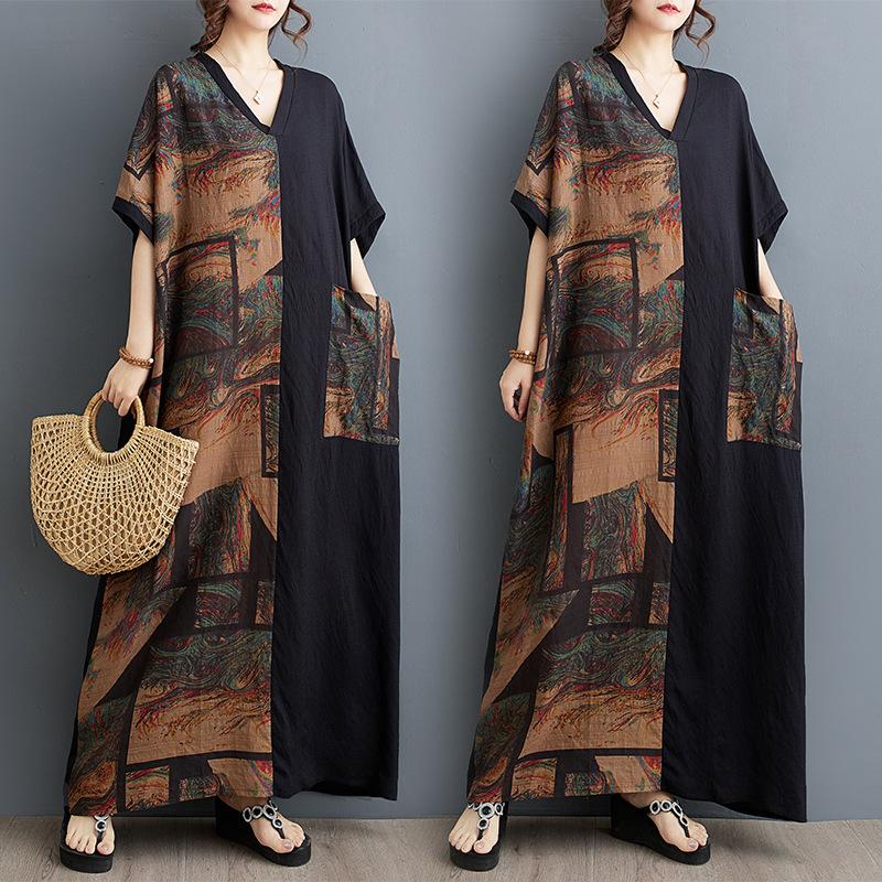 Летнее свободное женское платье из хлопка и льна с принтом и V-образным вырезом