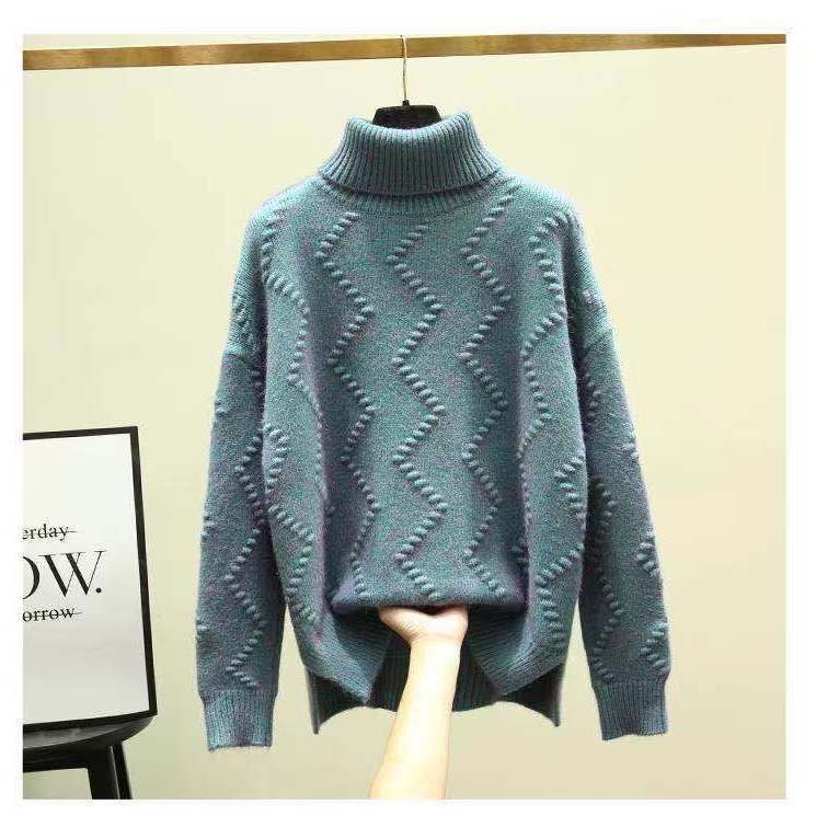 Высокий воротник и лацканы Женский толстый свитер Осень и зима Разрез по низу Длинный свободный пуловер Вязаный свитерjavascript: