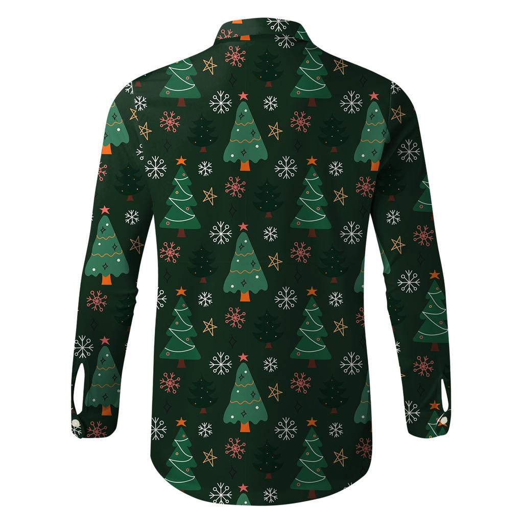 Men's Fashion Casual Christmas Print Long Sleeve Buttons Lapel Shirts Tops