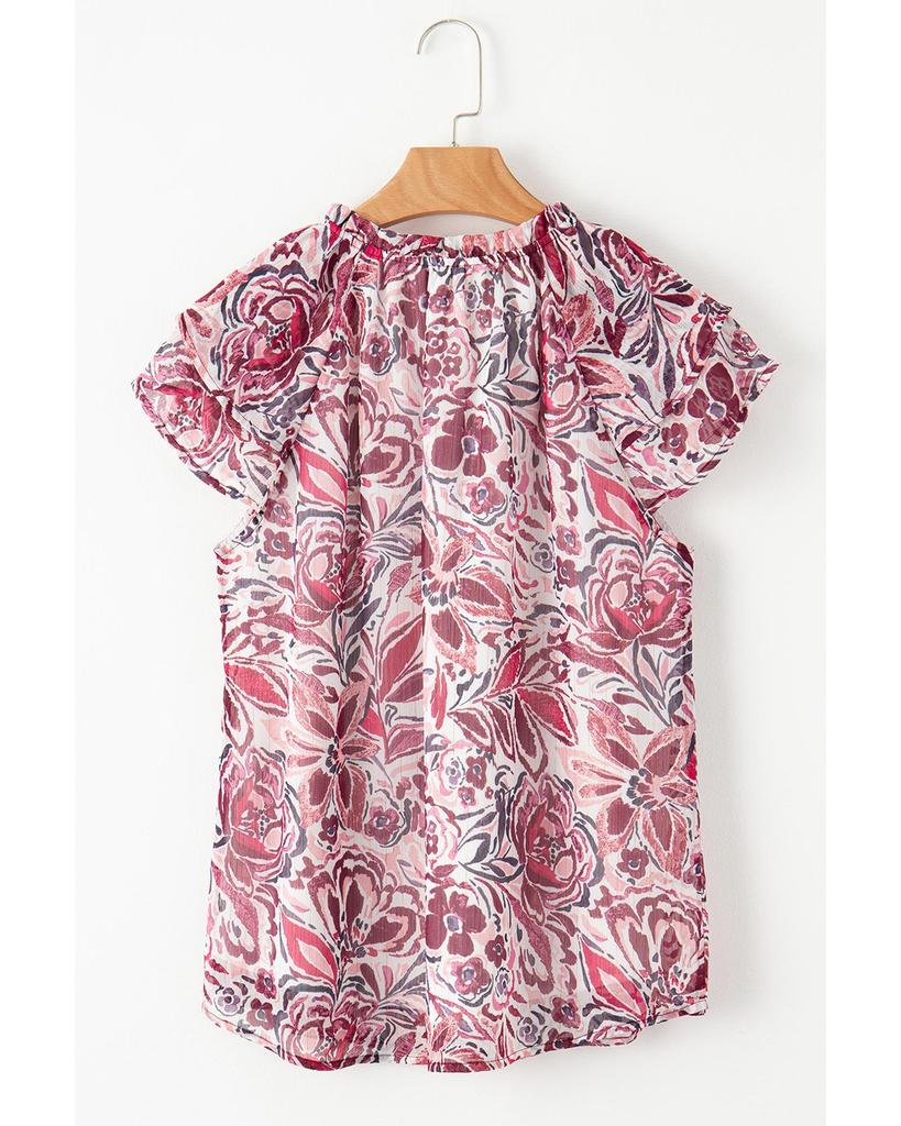 Azura Exchange White Floral Ruffled Short Sleeve V Neck Blouse