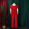 Plus Size Summer Women's Solid Color Tie Short Sleeve Top High Waist Wide Leg Pants Fashion Casual Set